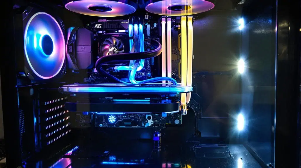 A high-performance gaming hardware testing rig with neon red ambient lighting configurations and liquid cooling pipes